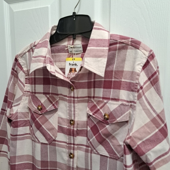 Frank & Oak Plaid Shirt Women's Small Flannel Button Up Top Pink Off White NWT - Picture 9 of 12